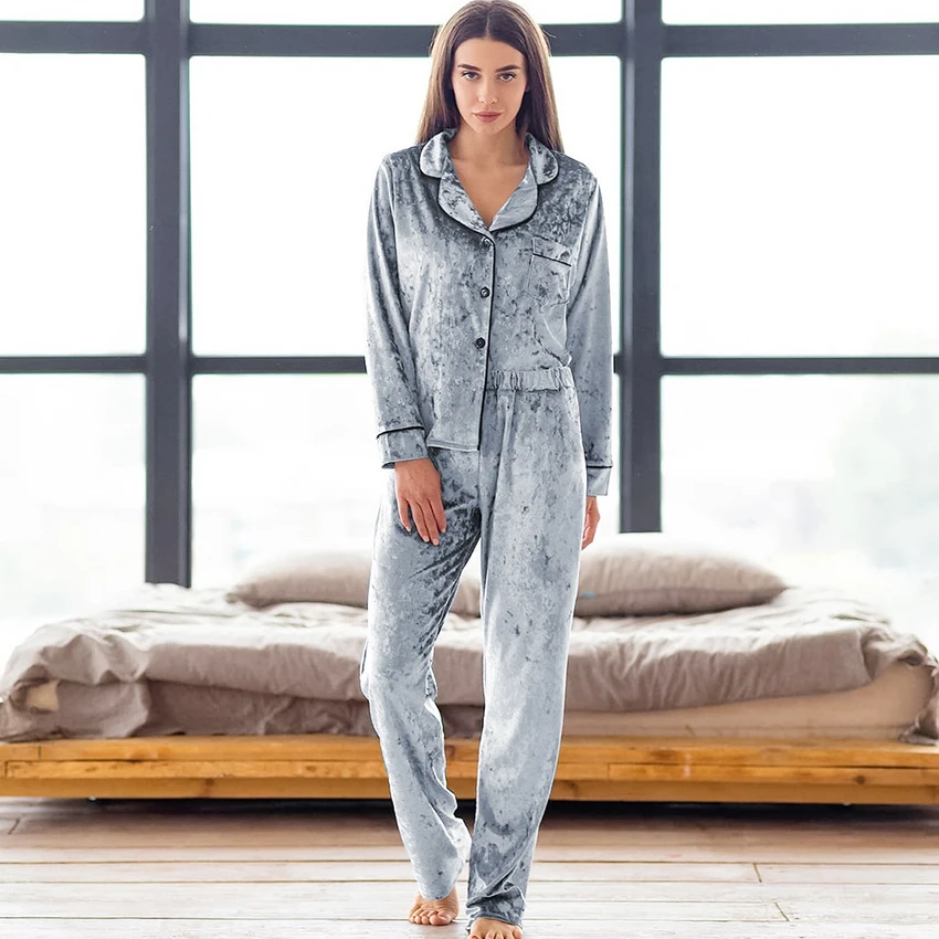 

Hiloc Pocket Velvet Sleepwear Turn Down Collar Velour Pajamas For Women Nightwear Trouser Suits Winter Sets Womens Outfits Warm