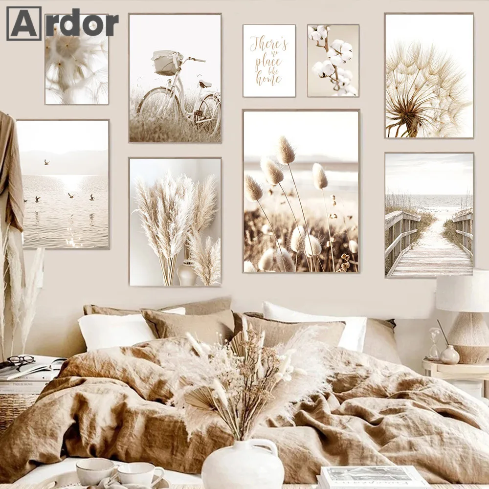 

Beige Scenery Poster Bridge Art Prints Grass Dandelion Canvas Painting Reed Posters Nordic Wall Pictures Living Room Home Decor