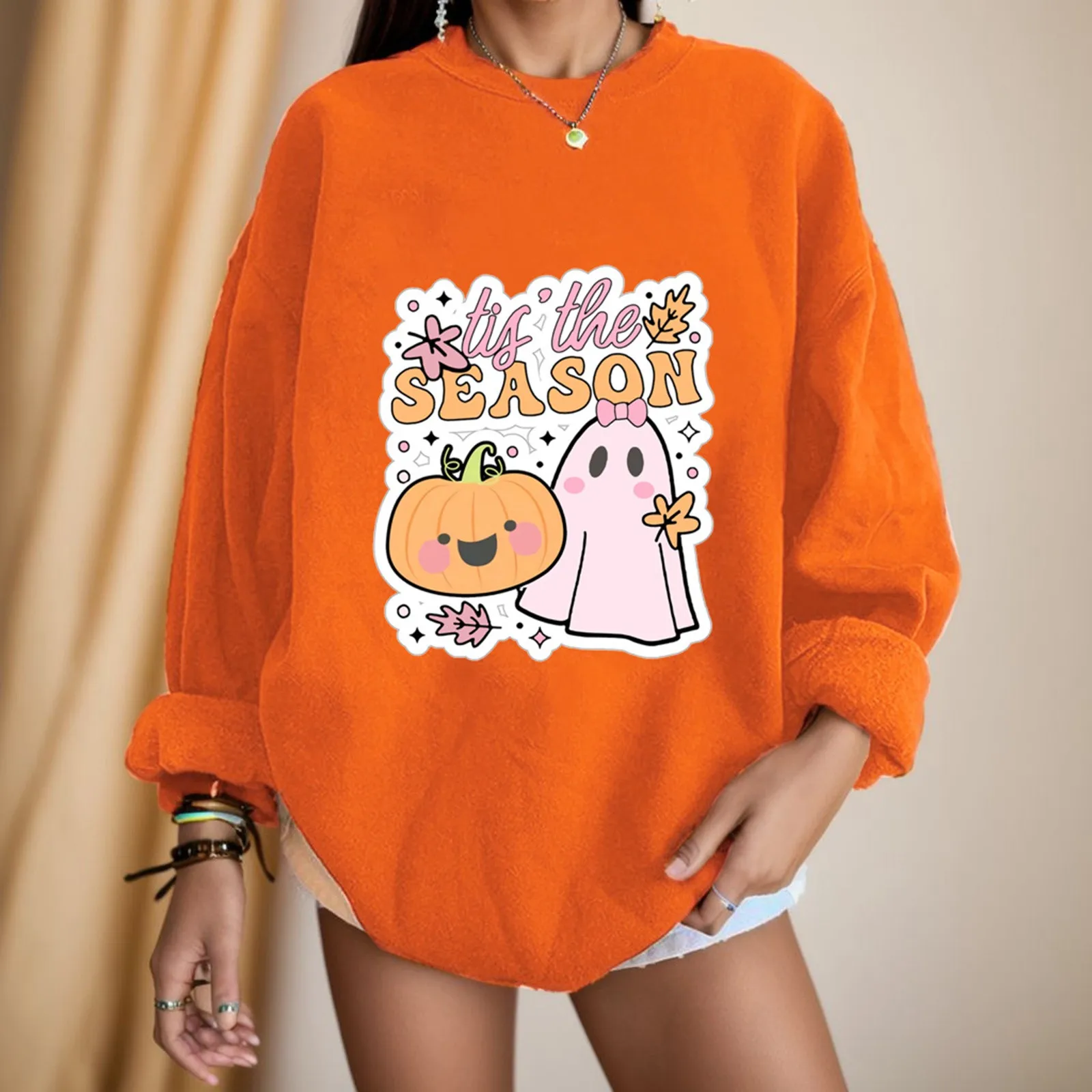 

Halloween Pumpkin Ghost Graphic Hoodie For Women Cute Cartoon Print Fleece Pullover Casual Loose Long Sleeve O Neck Sweatshirt