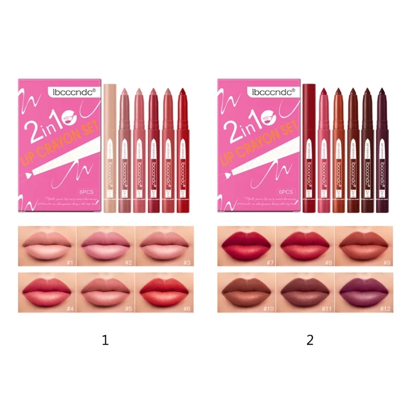 

6Pcs/set Matte Lip Gloss Lip Liner Pencil 2 In 1 Waterproof Lasting