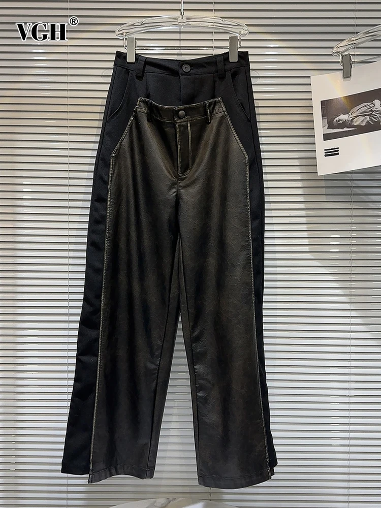 

Женские кожаные брюки в пол VGH, повседневные однотонные брюки в стиле пэчворк с высокой талией, уличная одежда, свободные широкие штаны, модная новинка