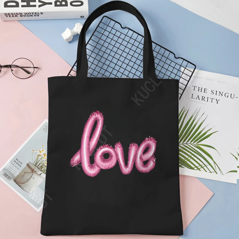 Leopard Love Heart Cartoon Handbag Women Casual Canvas Portable Shoulder Bag Valentine's Day Shopping Reusable Tote