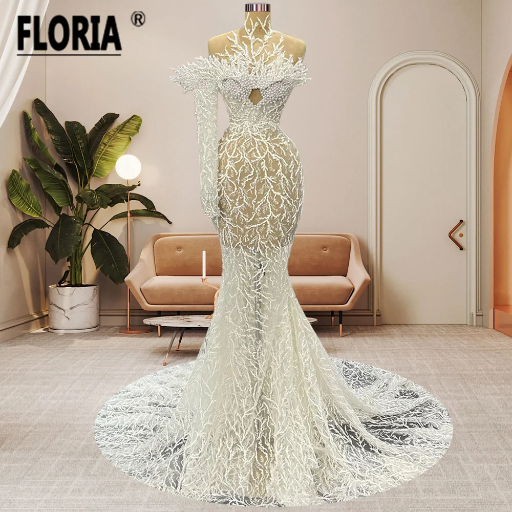 

Elegant Dubai Illusion Mermaid Evening Dress Lace Pearls Beaded One Shoulder Wedding Party Gowns Arabic Prom Dresses Robe soriee