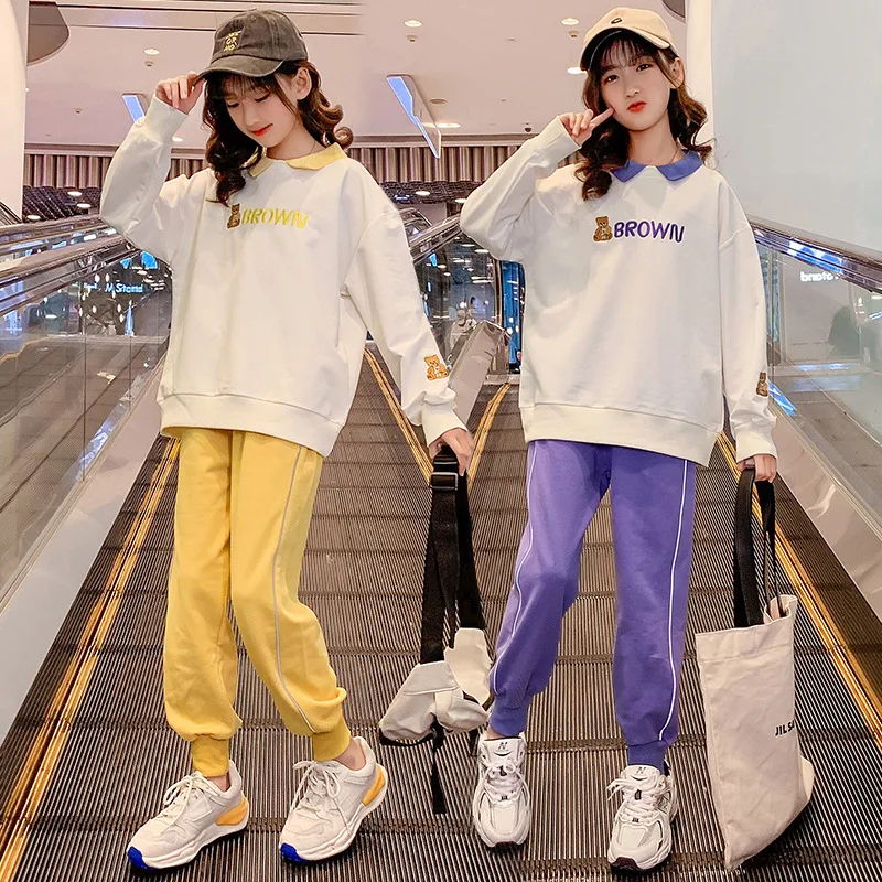 

Спортивный костюм для девочек 5-16 лет, свитшот с мультяшным принтом и спортивные штаны, комплект для детей