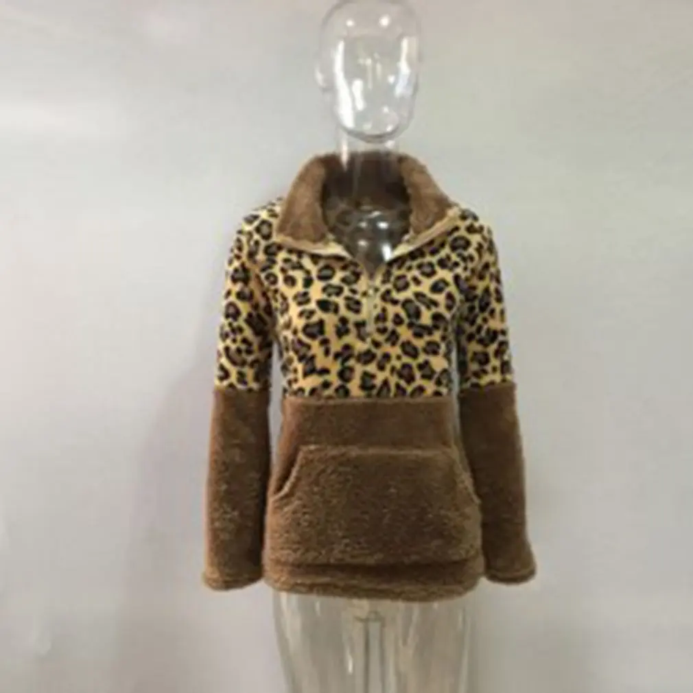 

Fashion Long Sleeve Sweater Leopard Stitching Top Comfortable For Daily Wear Warm Hoodie Long Sleeve Coat