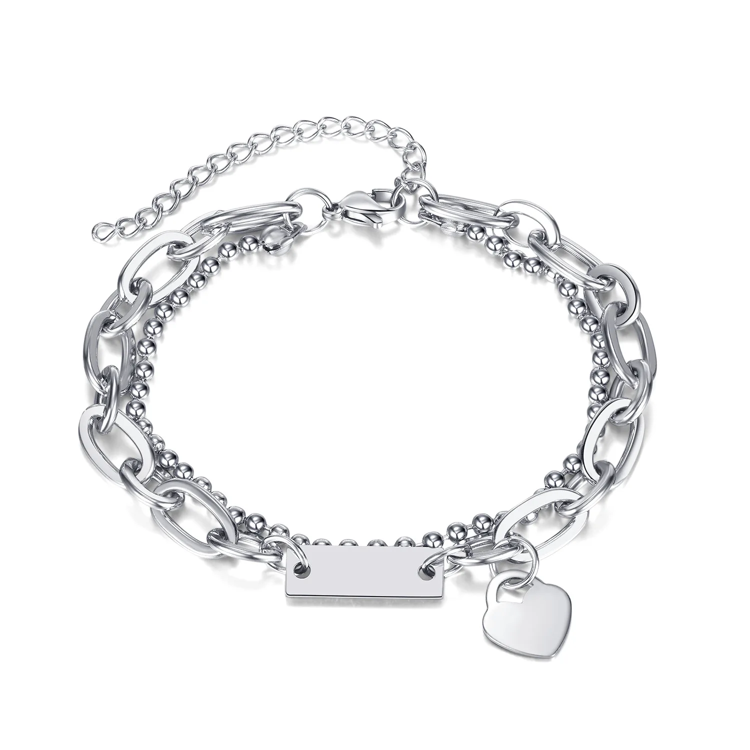 

Dropshipping Jewelry Wholesale Double-Layer Stacked Heart Bracelet Personality Stitching Stainless Steel Square Plate Bracelet