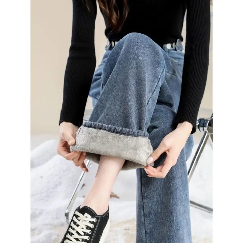 2022 Winter Added Velvet Wide Leg High Waist Jeans Women Loose Straight Students Korean All-match Long Pants Jeans Women