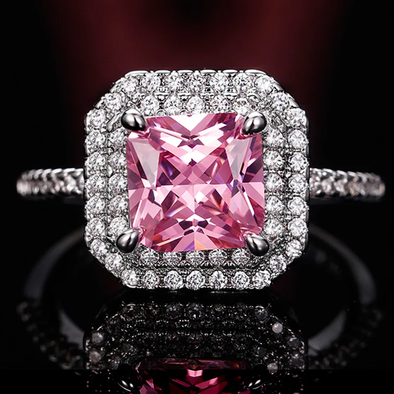 

European and American Cubic Zirconia Ring Women's Luxury Women's Square Micro-set White Pink Zirconia Ring Factory Direct Sales