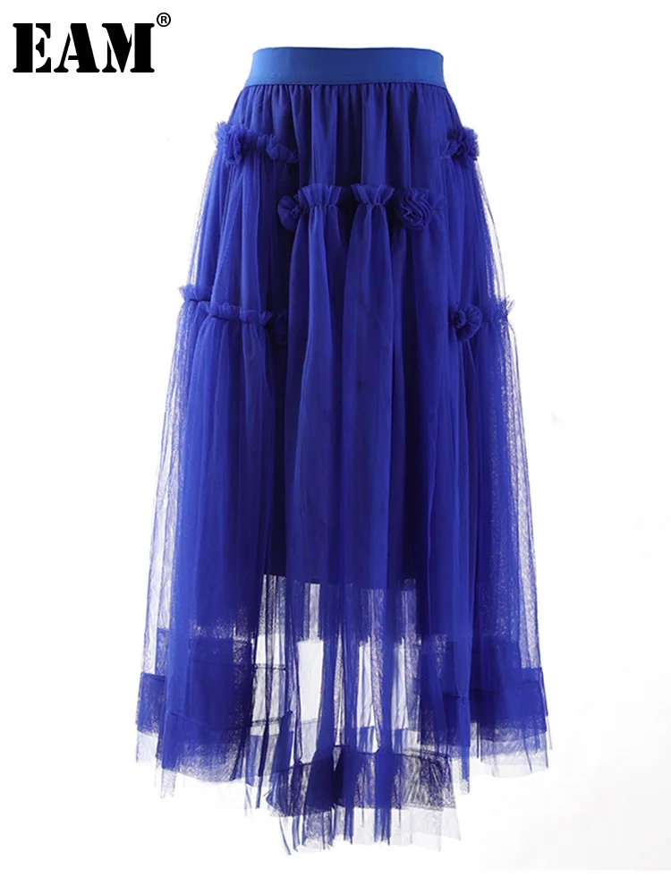 

[EAM] высокая эластичная талия синяя Асимметричная длинная Повседневная сетчатая юбка до середины тела Женская модная новинка весна осень 2022...