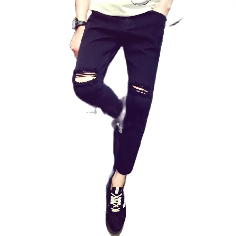 

Wholesale 2022 Fashion Casual Street Hip Hop Skinny Jeans Men Knee Hole Small Feet Black Leggings Hole Pants Summer New Trousers