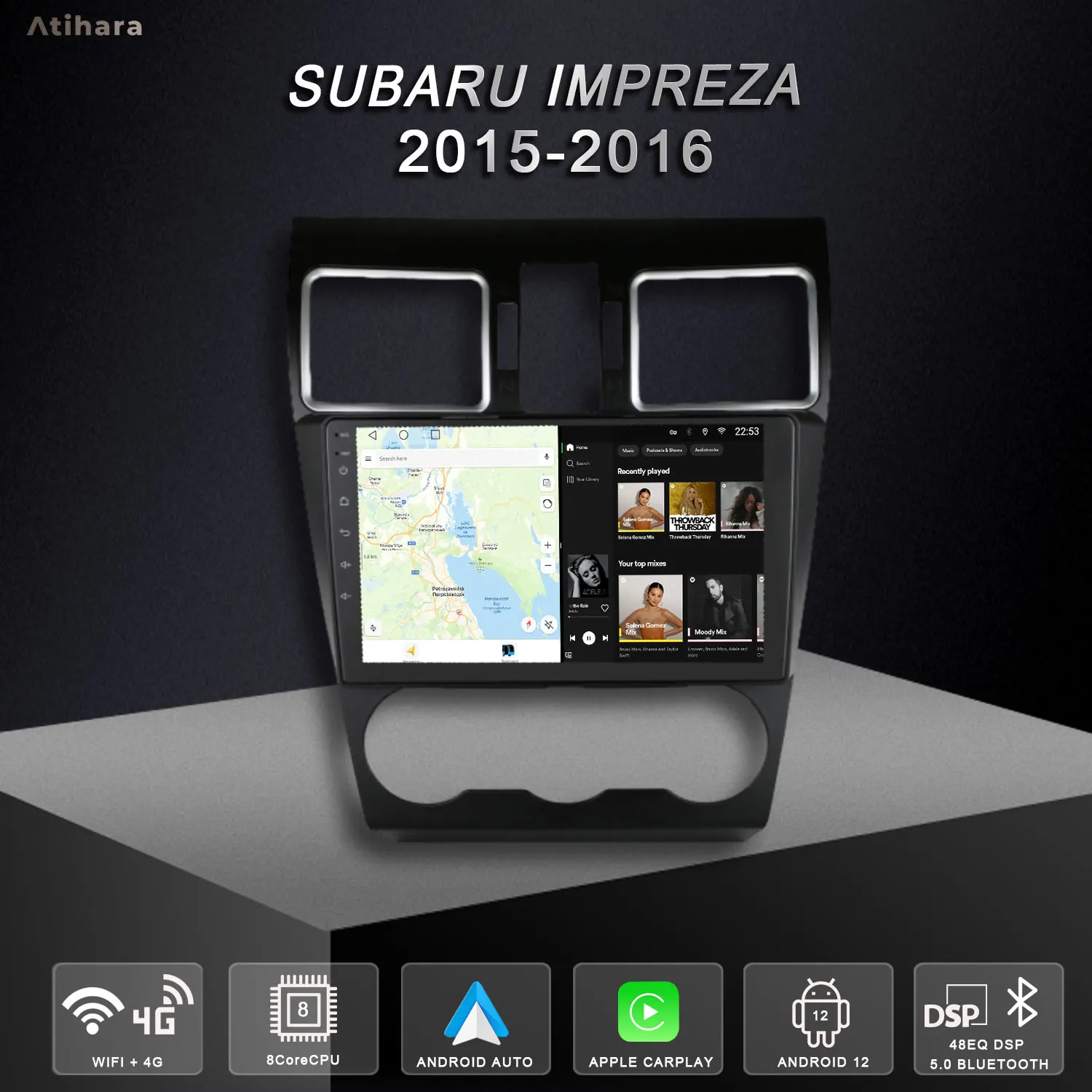 Atihara 9-дюймовый автомобильный радиоприемник Carplay Android Auto для Subaru Impreza 2015-2016 WIFI + 4G AM/FM