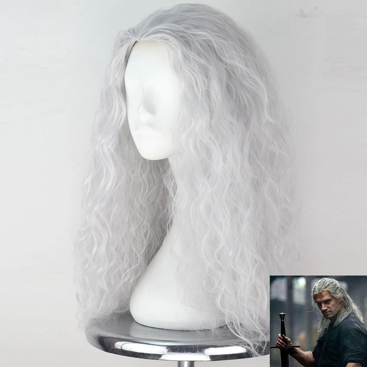 Halloween mens Withers silver cosplay wig Monster hunters Geralt grey silver curly long hair Old Lady Wig Witch + Wig Cap free