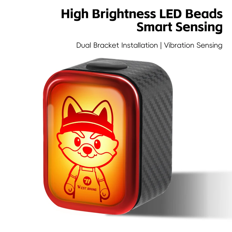 Фото Задний фонарь для велосипеда WEST BIKING Cartoon IP Smart Bike Taillight с функцией автоматического включения/выключения при вибрации, водонепроницаемый IP66, светодиодный, с разъемом Type-C. №4