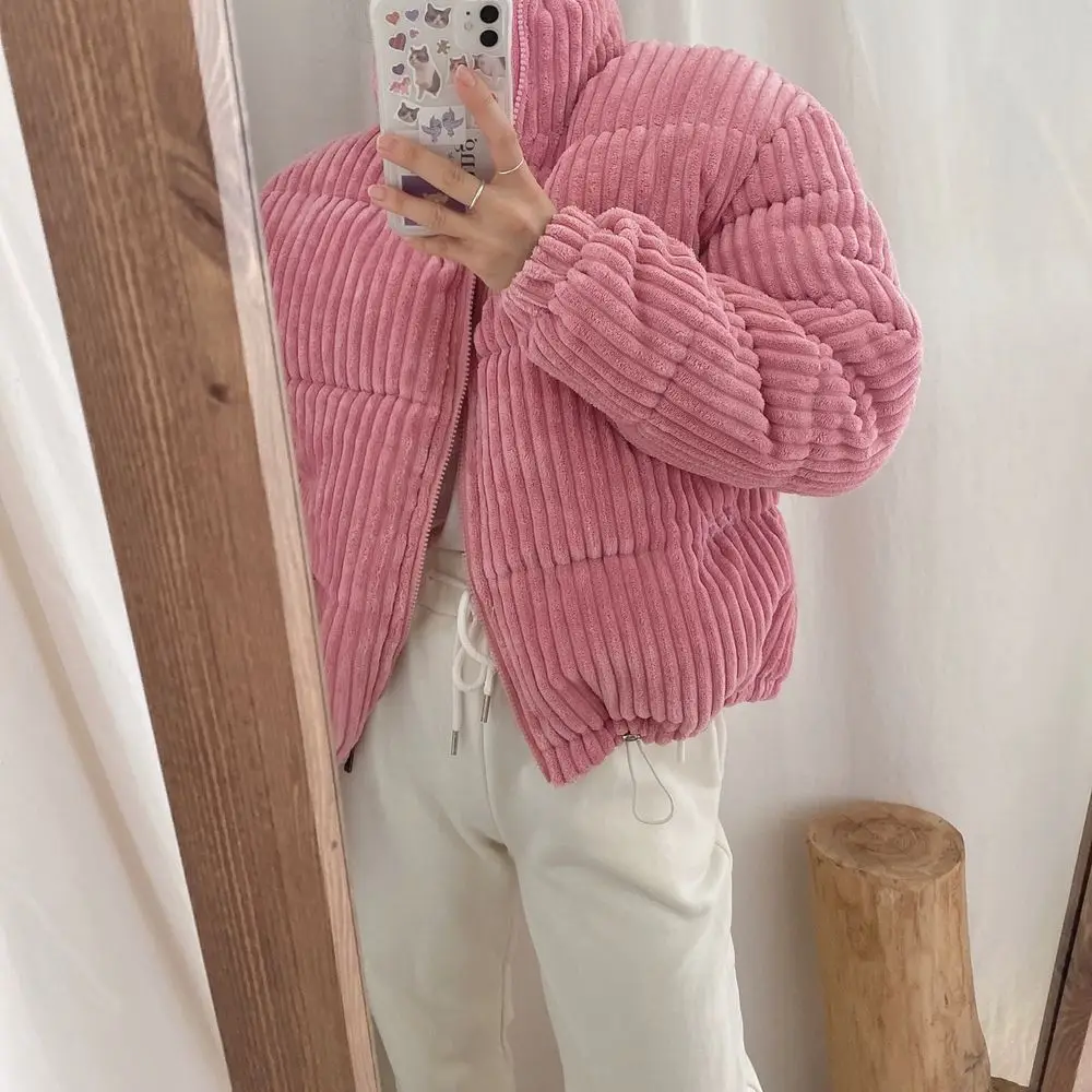 Winter Crop Corduroy Jacket Women Korean Chic Fashion Parka Femme 2022 Fashion New Thick Warm Bubble Coats Cotton Coats Parkas