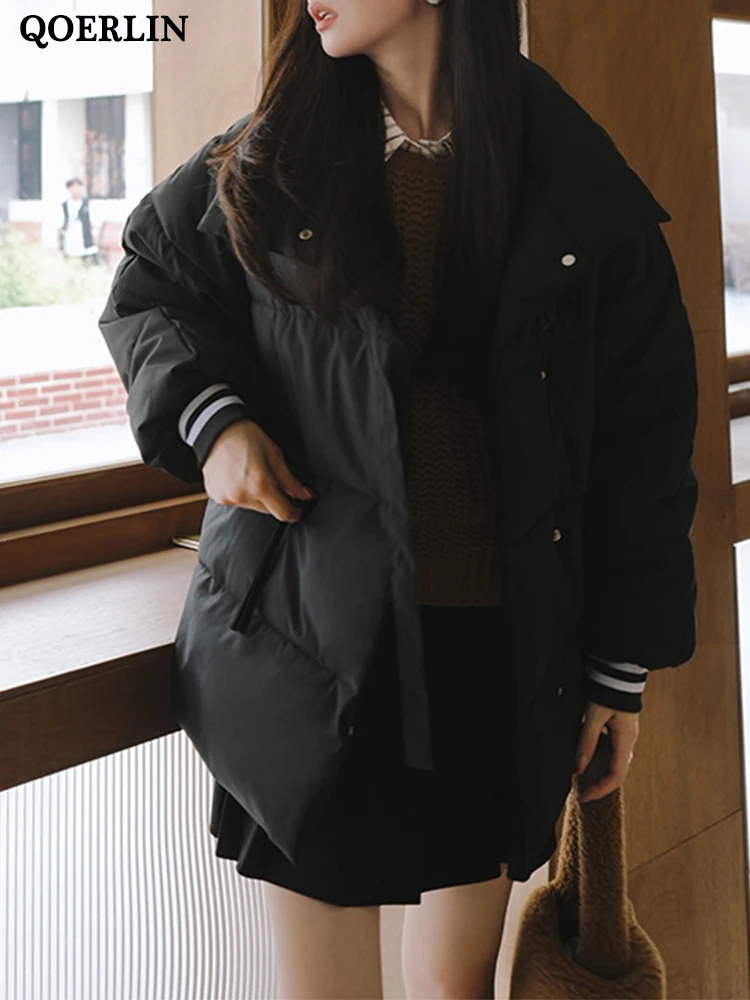 QOERLIN Brown Puffer Jacket Winter Women Stand Collar Parkas Thicken Warm Overcoat Female Korean Fashion Outerwear Black White