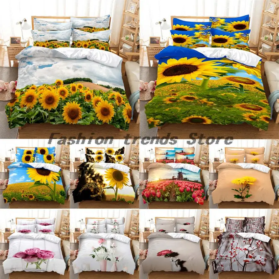 

3D HD flower Quilt Cover Pillow Case Rose Sunflower bed Set Linen Duvet Tulip King Queen Twin Single Double 3PCS 2PCS Textile