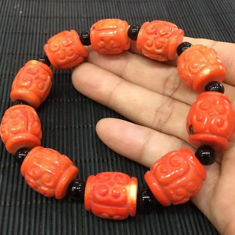 

15mm Natural Red Coral Barrel Beads Bracelet Men Women Fine Jewelry Precious Coral Beautifully Carved Patterns Bracelets Bangles