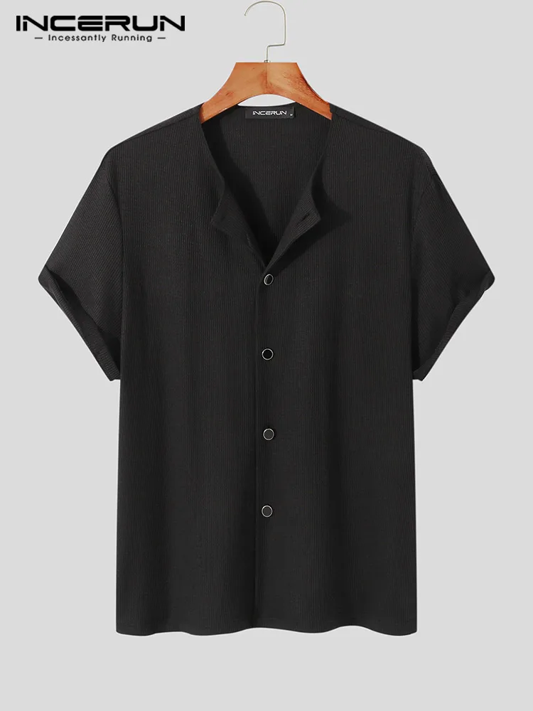 INCERUN Tops 2022 Korean Style Men's Short Sleeve Shirts Casual Holiday Wear Streetwear All-match Henley Crew Neck Blouse S-5XL