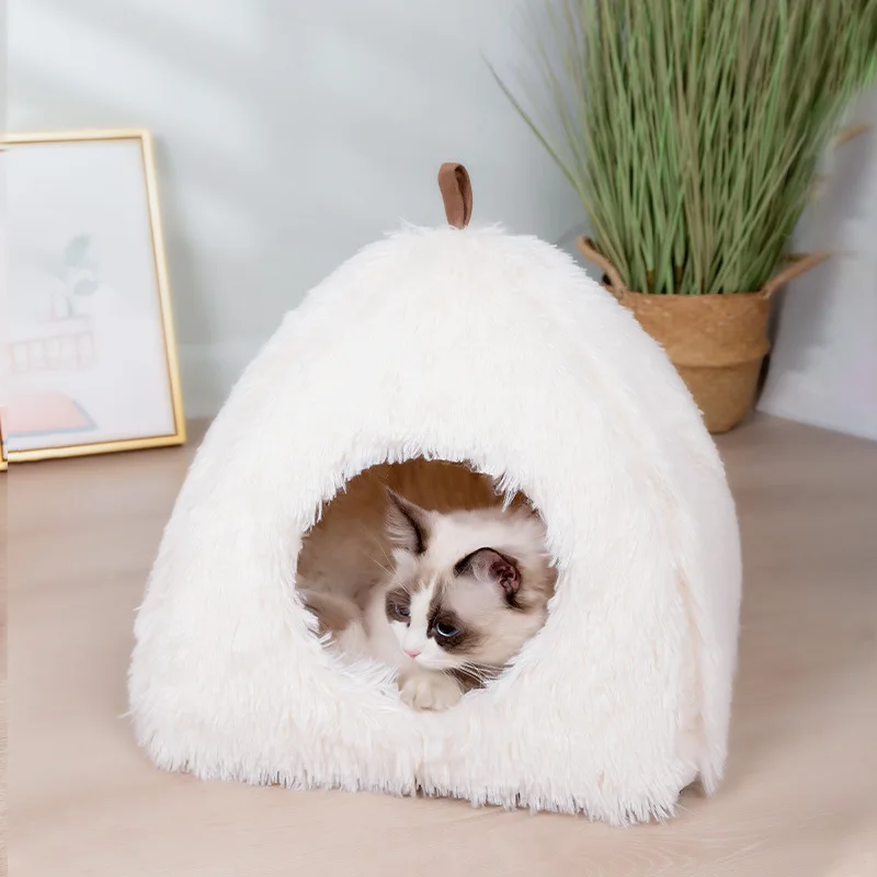 

Long Plush Pet Cat Bed With Zipper Removable Cat Litter Sleeping House Winter Warm Small Dog Kennel