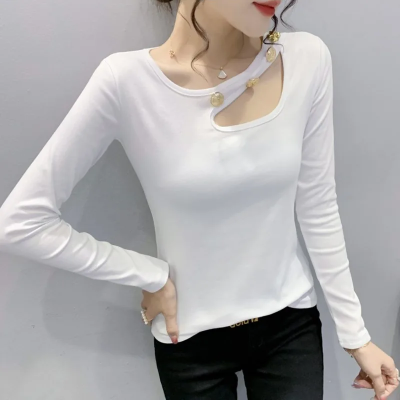 

#5671 Black White Green Sexy Long Sleeve T Shirt Women Hollow Out Buttons Sexy Cotton Skinny T Shirt Female Slim Tee Shirt Femme