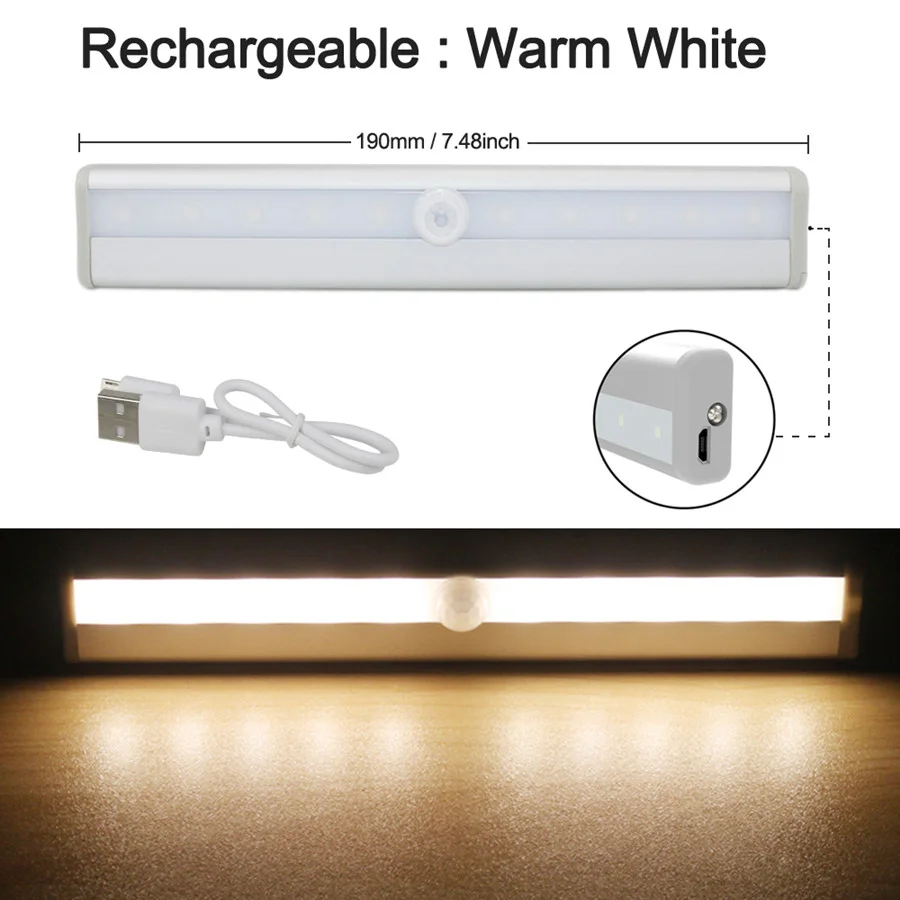 

10 LED Cabinet Luminaire Charging Light Bar Long Strips PIR Motion Sensor Closet Light Home Stairs Kitchen Led Wall Light Lamp