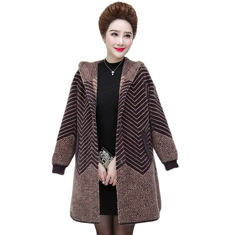 New Middle aged Woman Mother Imitation Mink Cashmere Coat Winter Hooded Thick Sweater Cardigan Jacket Faux Mink Fur Outerwear