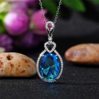new luxury trendy oval crystal pendant necklaces for women shine sea blue cz stone inlay link chains fashion jewelry party gift