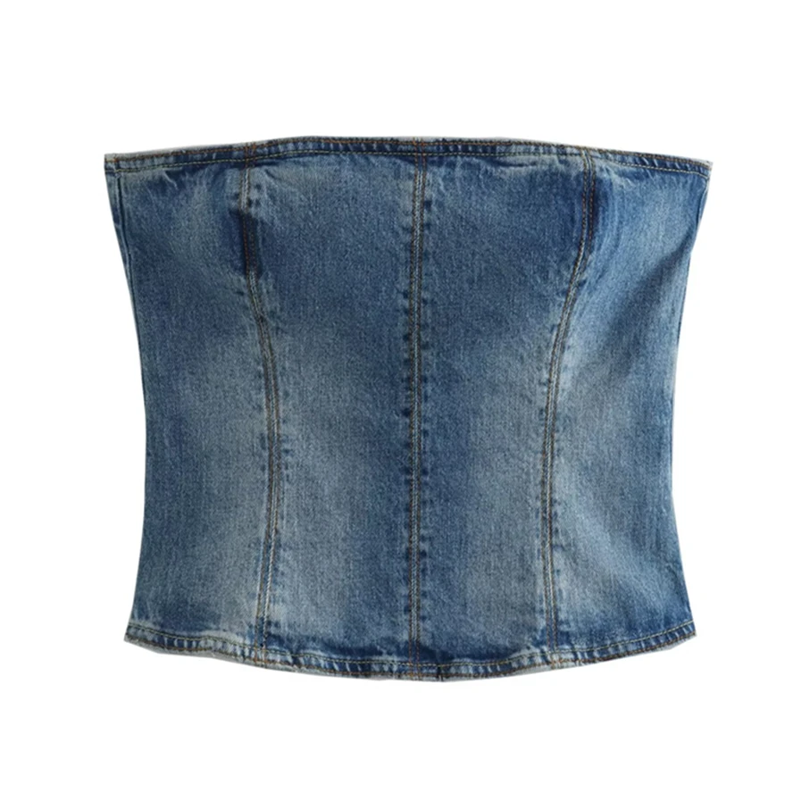 

Maxdutti Women American Style Retro High Waist Stitching Denim Corset Top
