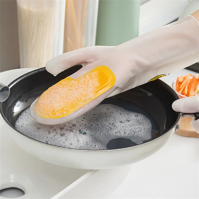 

Kitchen Washing Dishes Silicone Gloves with Brush Thickened Waterproof Dishwashing Tools Household Cleaning Gadget Home Supplies