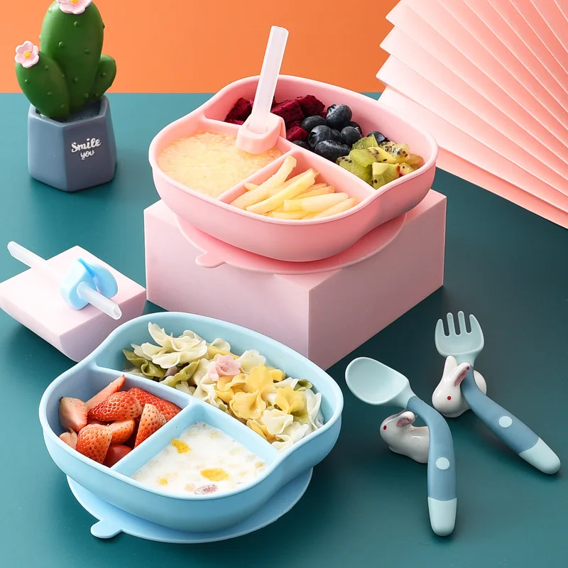 

Baby Bowl+spoon+fork Feeding Food Tableware Set Children Kids Dishes Eating Dinnerware Anti-hot Training Plate BPA Free