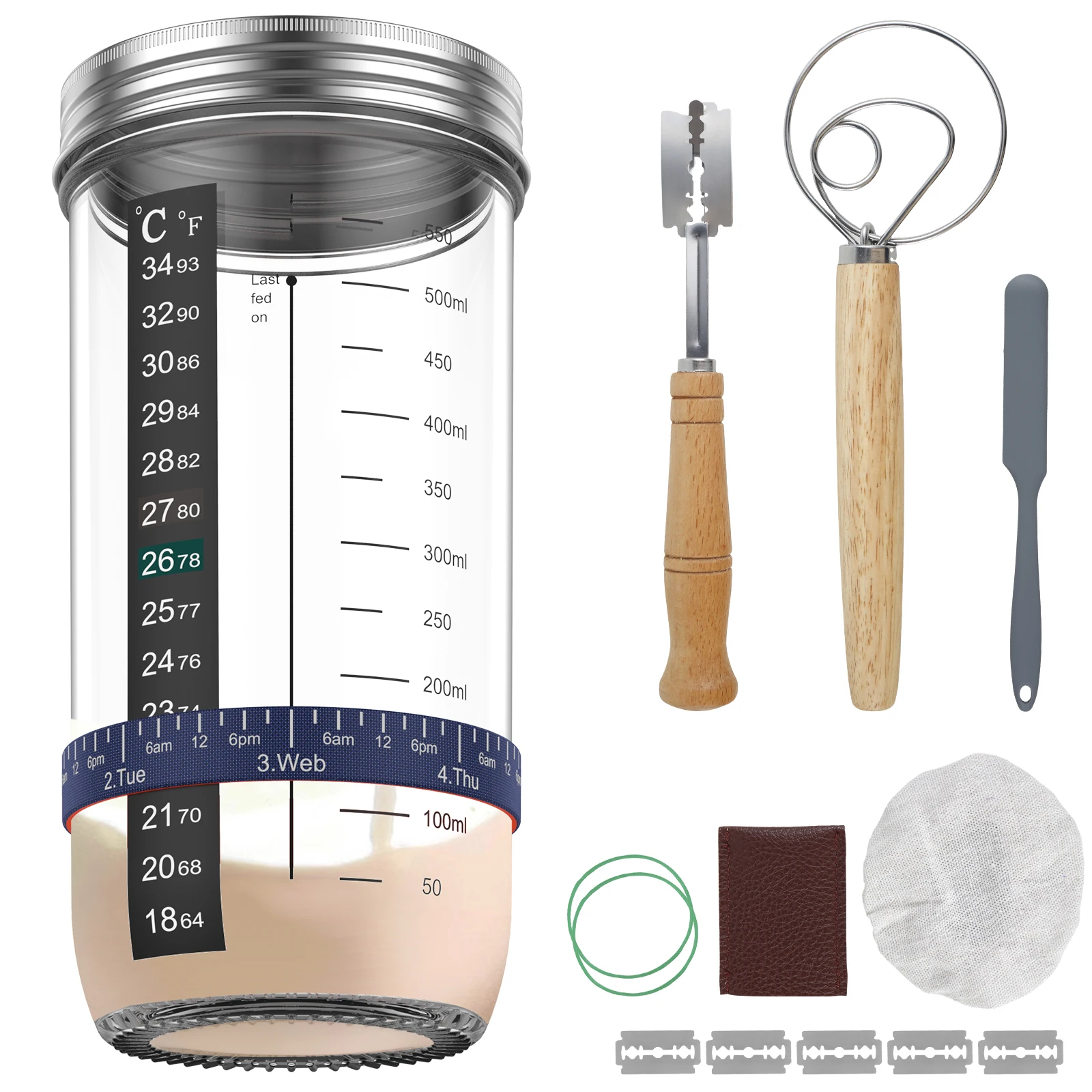 

9Pcs Sourdough Starter Jar Kit with Scale 730ml Heat Resistant Sourdough Starter Container with Lid Silicone Spatula Thermometer