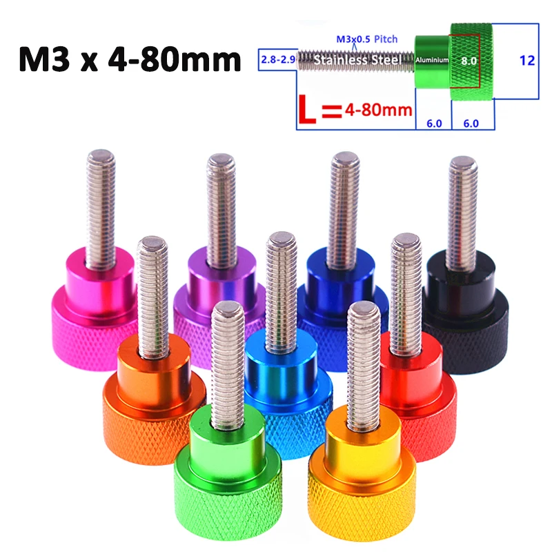

1pc M3x4/5/6/7/8/9/10/12/15/18/20-80mm Colorful Aluminium Alloy Stainless Knurled Thumb Screw Hand Grip Knob Step Bolt Anodized