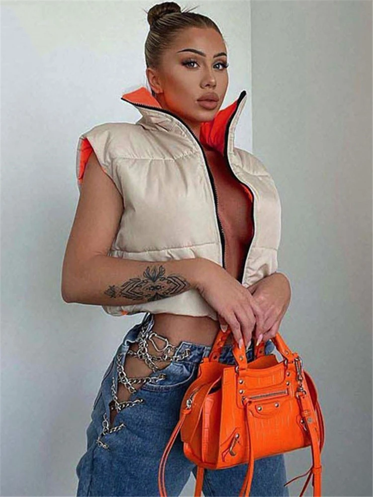 Tossy 2022 New Reversible Coat Vest Short Warm Jacket For Women Turtleneck Zipper Sleeveless Puffer Coat Female Winter New