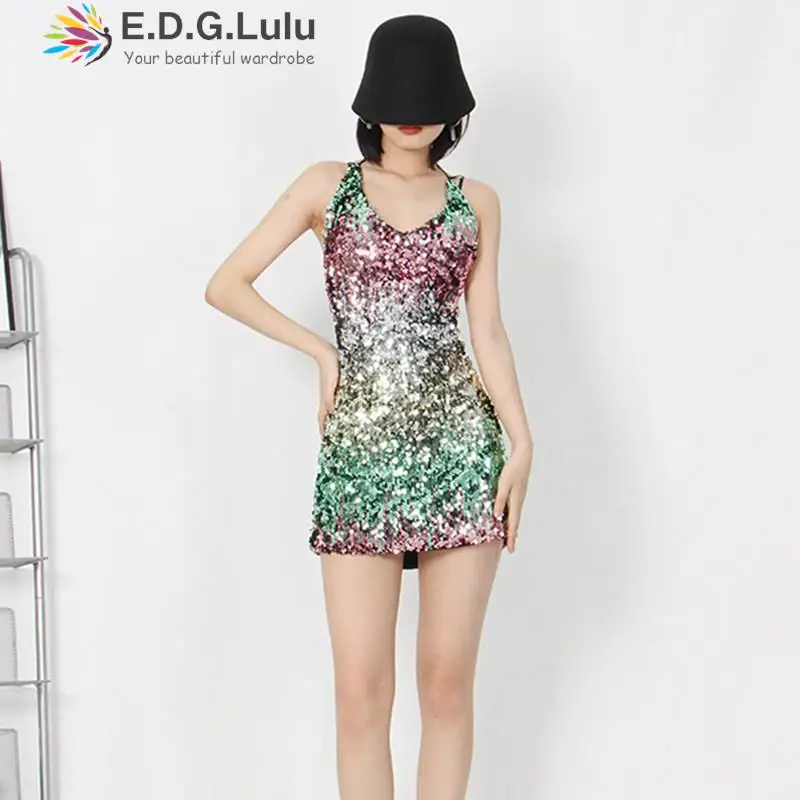 

EDGLuLu Backless Lace-up Gradient Sequins Dressess For Women Spaghetti Strap Sleeveless Elegant Party Evening Dress 0618
