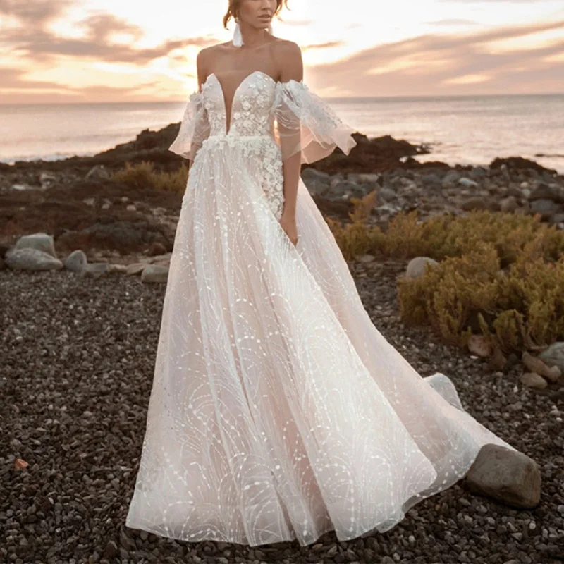 

Sexy Wedding Dress Off Shoulder Deep V-Neck Long Detachable Puff Sleeves Bridal Gown Lace Applique Tulle Train Robe De Mariée