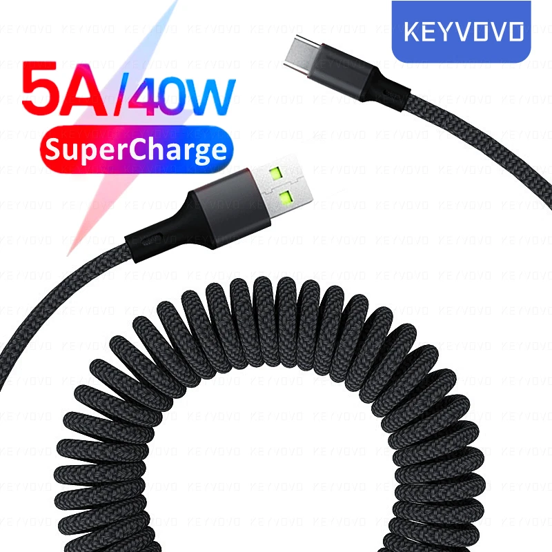 

5A SFCP Сверхбыстрый зарядный кабель USB Type-C 1,5 м пружинный кабель для передачи данных зарядное устройство для Samsung Xiaomi Huawei P40 Mate 40 Type-C в автомобил...