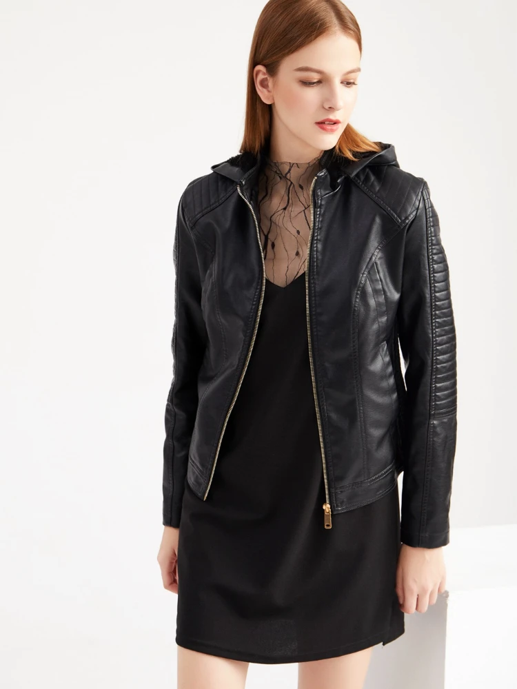 Fashion Long Sleeve Black Fleece Hooded Leather Jacket Women 2022 Autumn Winter New Casual Warm Short Coats High Street Jackets