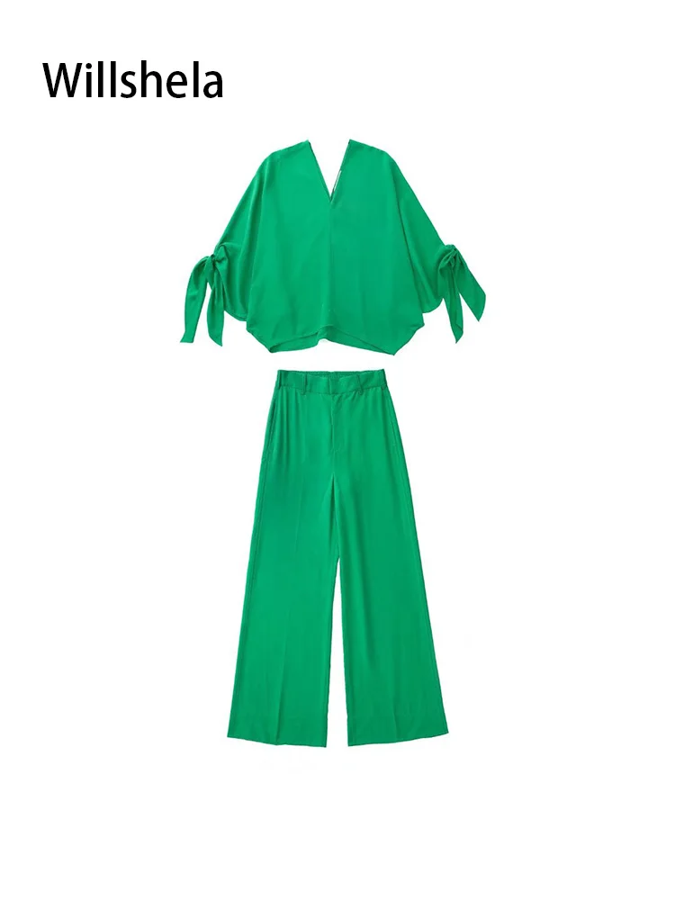 

Willshela Women Fashion Two Piece Set Solid Bowed Blouse & Front Zipper Trousers Chic Lady Casual Woman Outfits Pants Sets