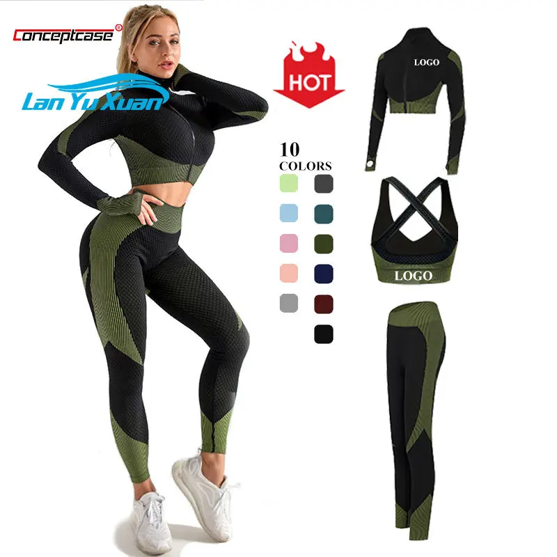 

2021 Wholesale Custom Long Sleeve Yoga Fitness Suit Sport Plus size Womens Wear Running Seamless Fashion Casual Yoga Pant Suit