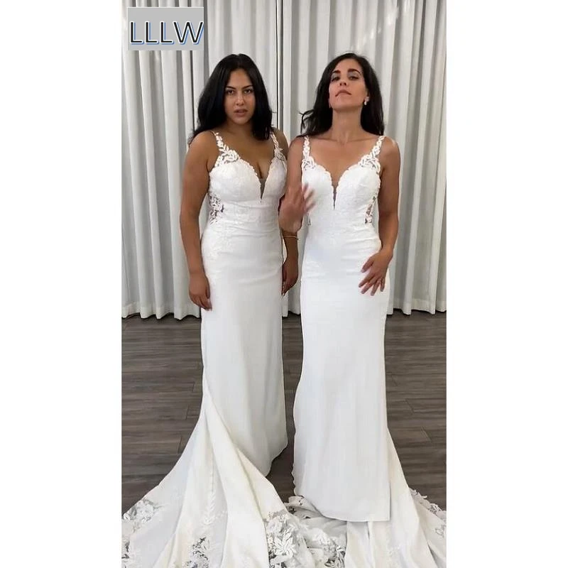 

White Lace Crepe V-Neck Floor-Length Mermaid/Trumpet Wedding Dresses Chapel Train Custom Made Sleeveless Bridal Gowns