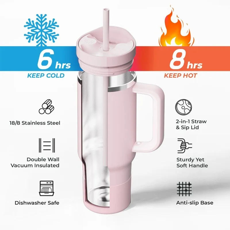 Стакан FEIJIAN 40 унций с ручкой и соломенными крышками кофейная чашка из нержавеющей