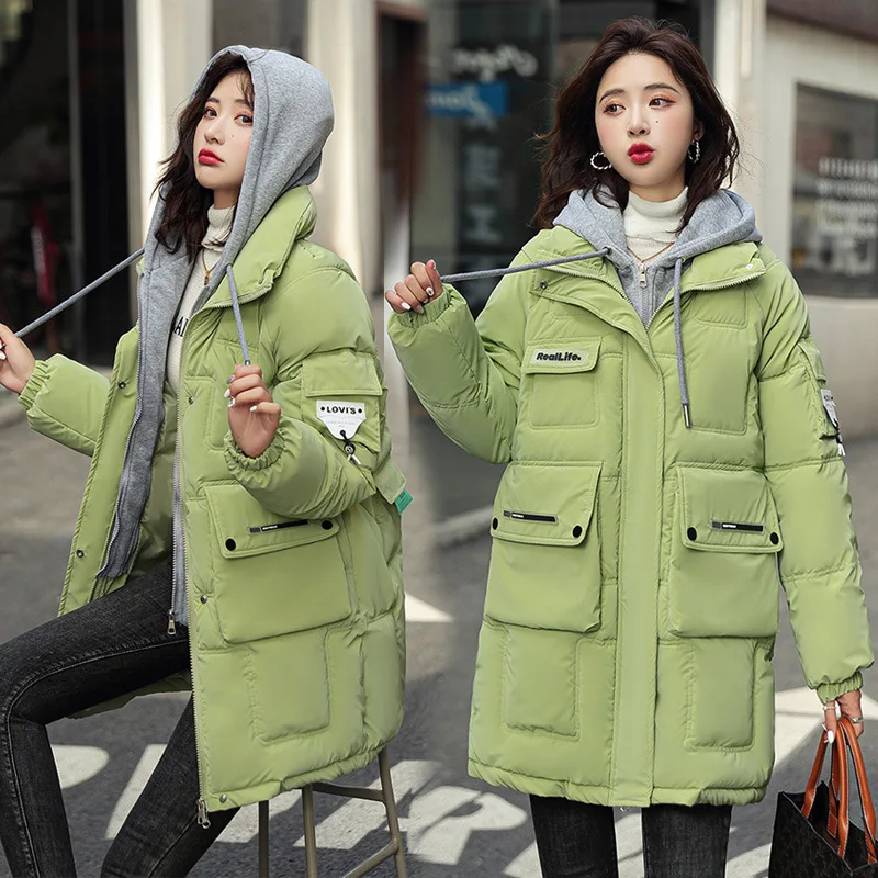 

2022 Winter New Fake Two-piece Hooded Gray Hat Stitching Cloth Stickers Letter Medium and Long Loose Cotton Clothing Women Coat