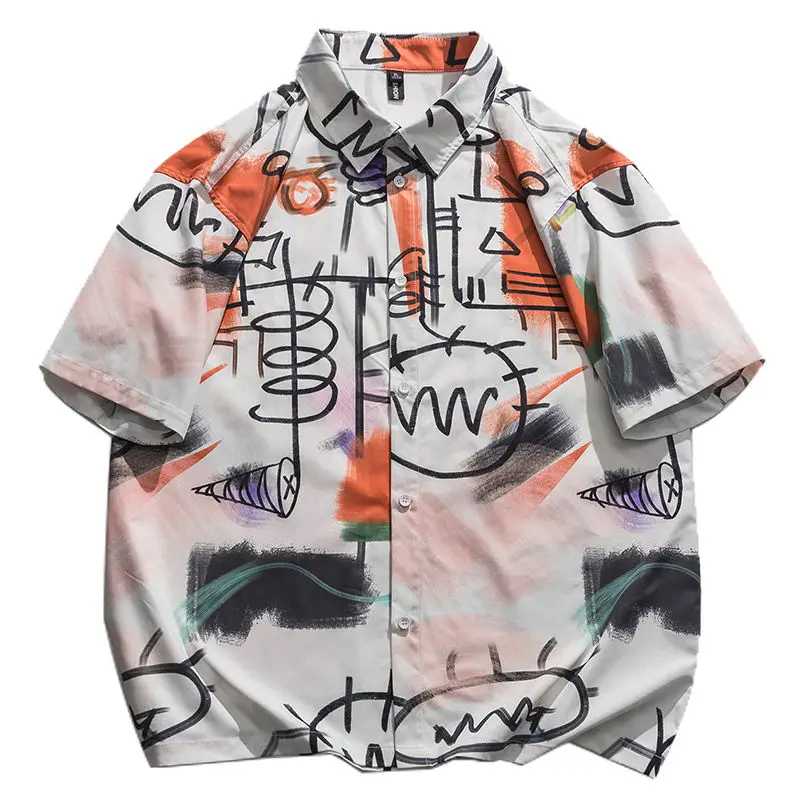 

New Summer Beach Hawaiian Streetwear Brand Grunge Graffiti Men Shirts Loose Casual Button Up Shirt Women Tops Harajuku Large 2XL