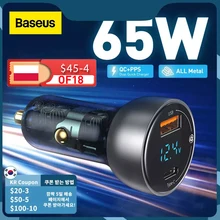 Baseus 65W  PPS Car Charger USB Type C Dual Port PD QC Fast Charging For Laptop Translucent Car Phone Charger For iPhone Samsung