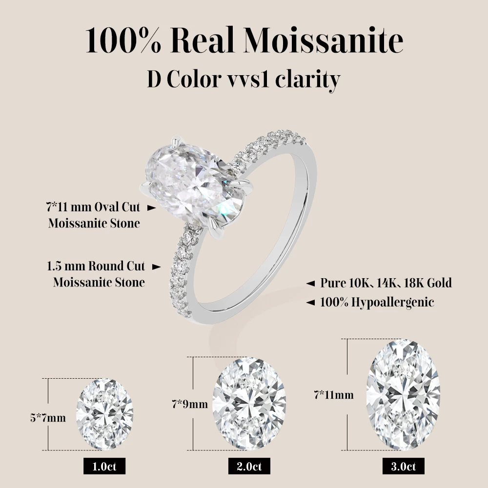 Фото Кольцо ATTAGEMS с овальным муассанитом 3.0 карата, из цельного золота 10K, 14K, 18K, для женщин, AU750, обручальные кольца, свадебные украшения, изысканные ювелирные изделия, подарки №2