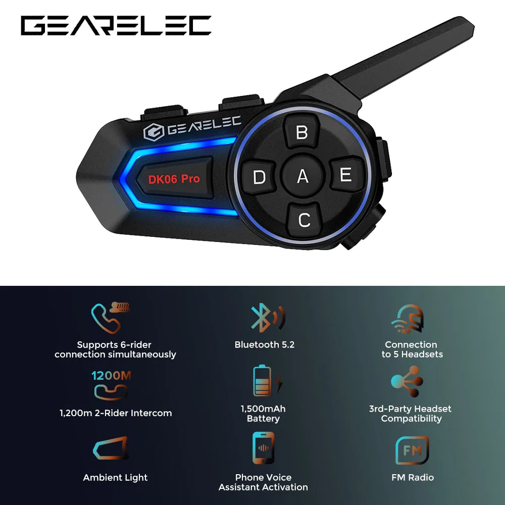 

GEARELEC DK06 PRO Мотоциклетная Bluetooth-гарнитура 2 гонщика 1500 м Домофон Bluetooth 5,2 Шлемная связь Гарнитура FM-радио GPS