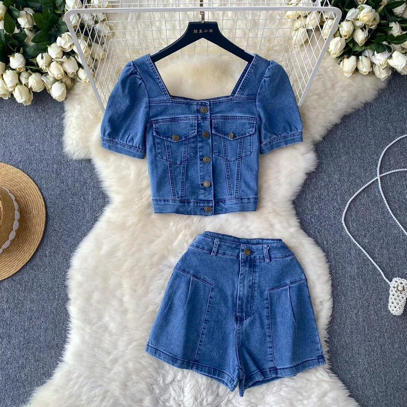 

Denim Fashion Suits Korean Style Square Collar Puff Short Sleeve Single Breasted Tops And High Waist Wide Leg Shorts 2pcs Set