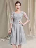 silver a line short mother of the bride dress scoop chiffon lace illusion half sleeve formal party gowns new robe de soiree