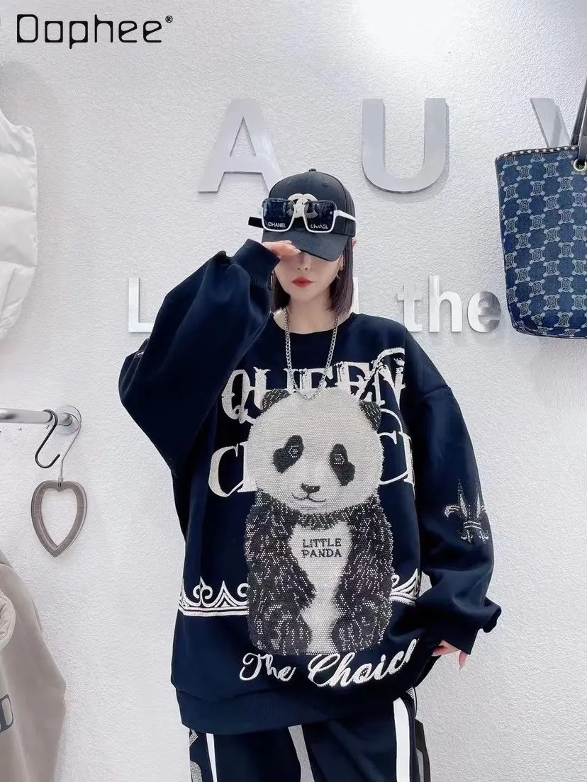 

Winter Velvet Padded Thickened Hoodie Coat Women's Hot Drilling Cute Cartoon Round Neck Pullover Long Sleeve Loose Sweatshirts