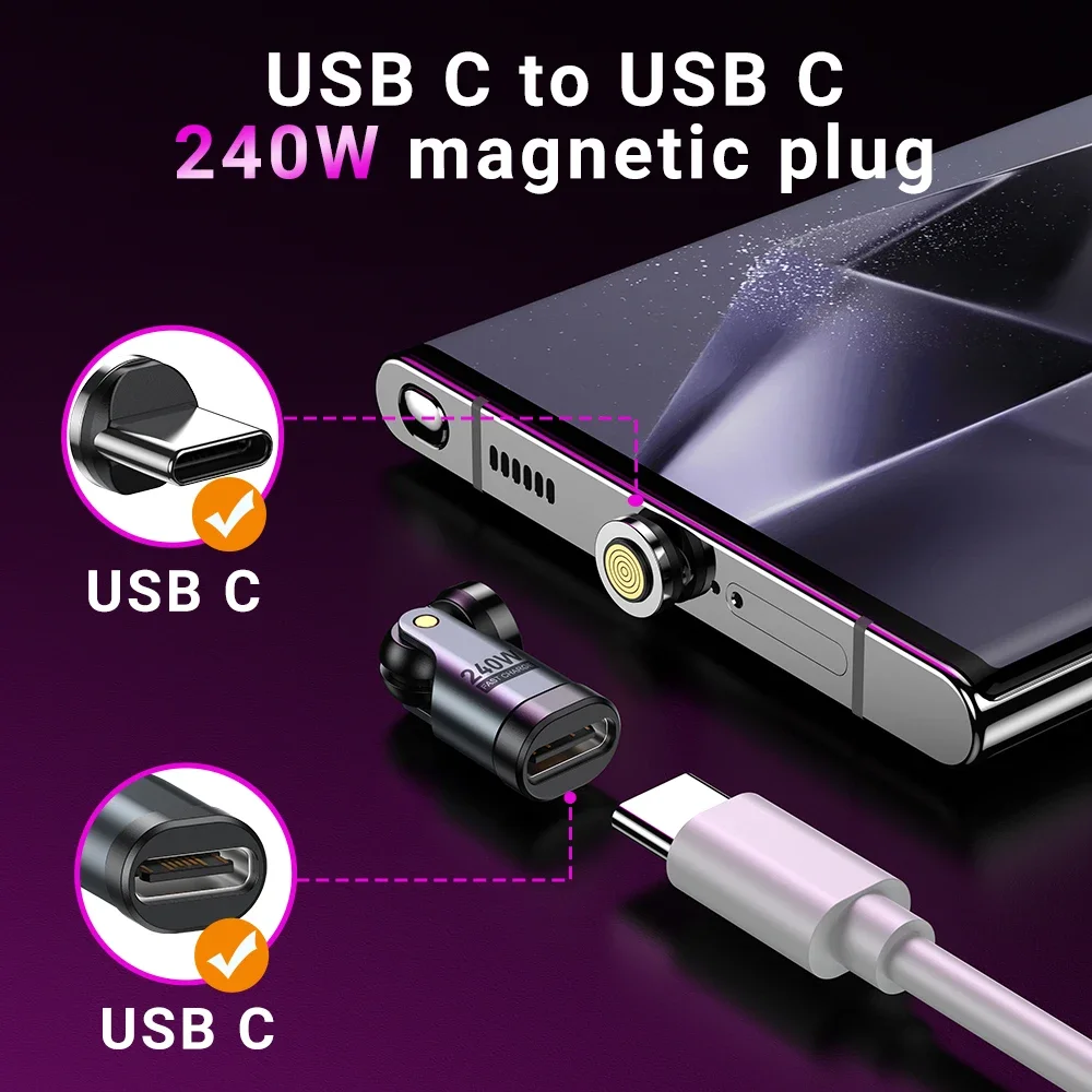 Фото Магнитный адаптер USB C AUFU, 2 шт., 240 Вт, 9-контактный USB-кабель типа C для быстрой зарядки, конвертер USB C для Samsung, iPhone, Ipad, Macbook №4